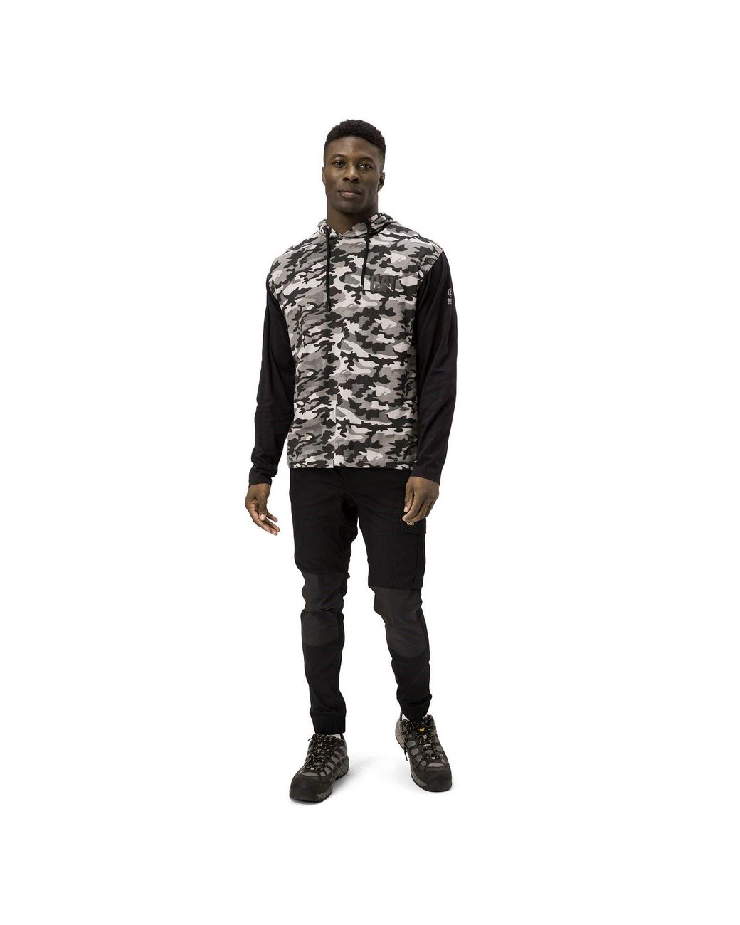 Caterpillar Black Hooded Long Sleeve Cotton T-Shirt for men
