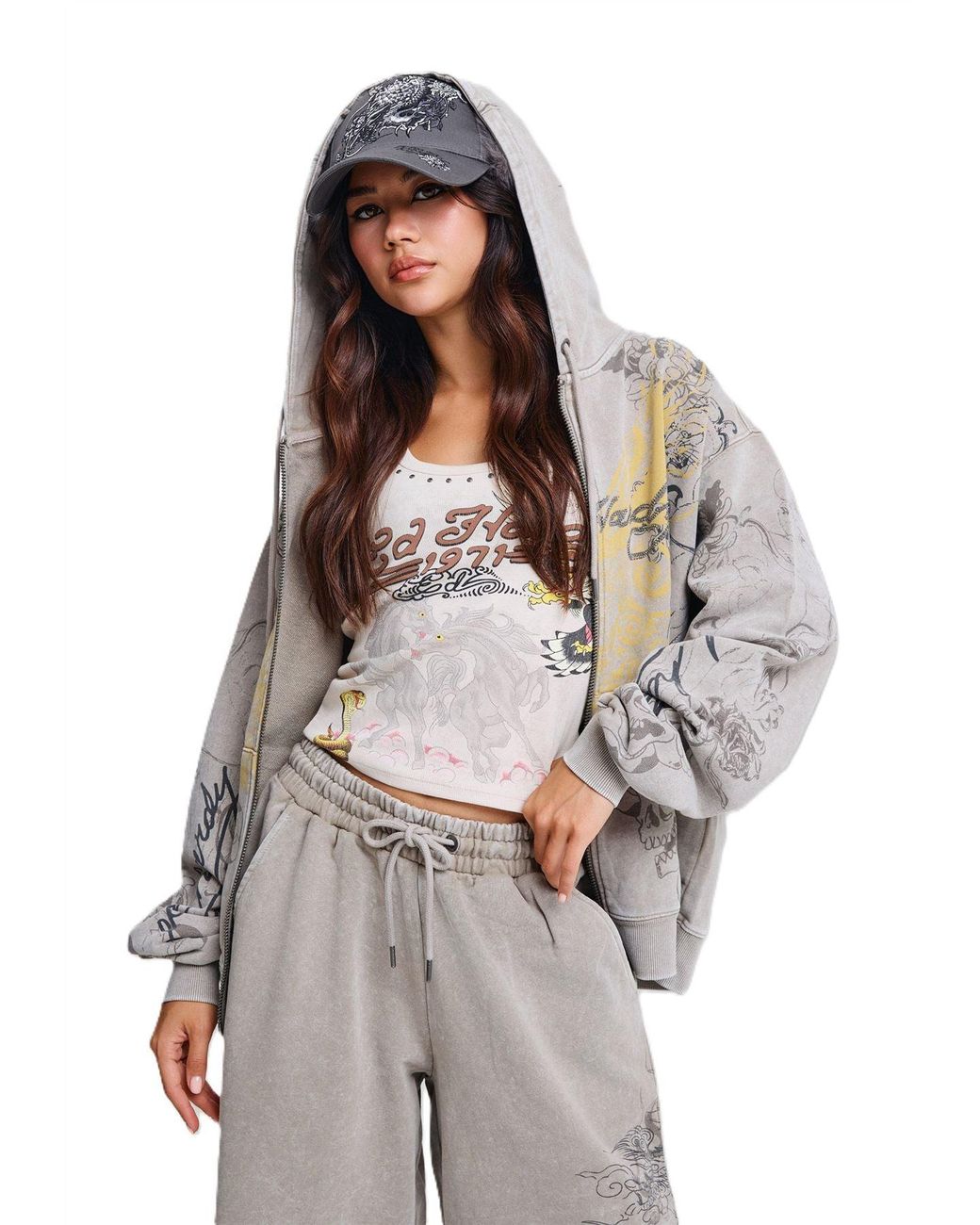 Ed Hardy Gray Diamante Venom Stone Wash Relaxed Zip Thru Hoodie