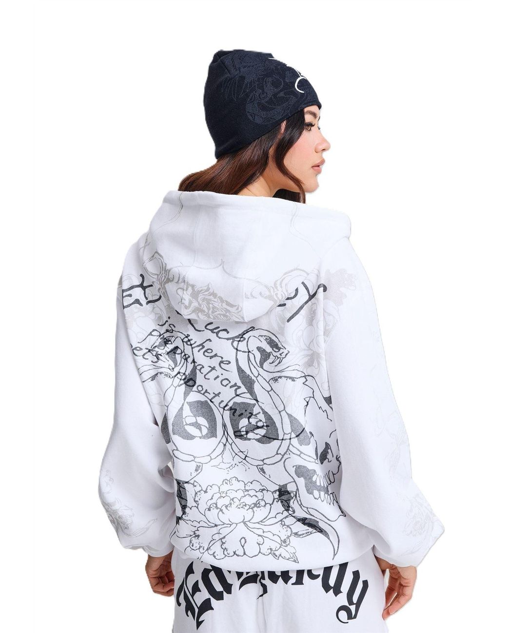 Ed Hardy White Diamante Venom Enzyme Wash Relaxed Zip Thru Hoodie