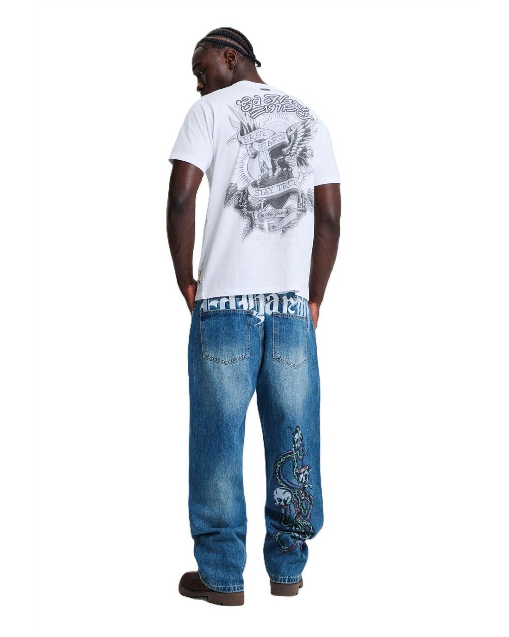 Ed Hardy Blue Serpent Skull Graphic Relaxed Mid Jeans for men