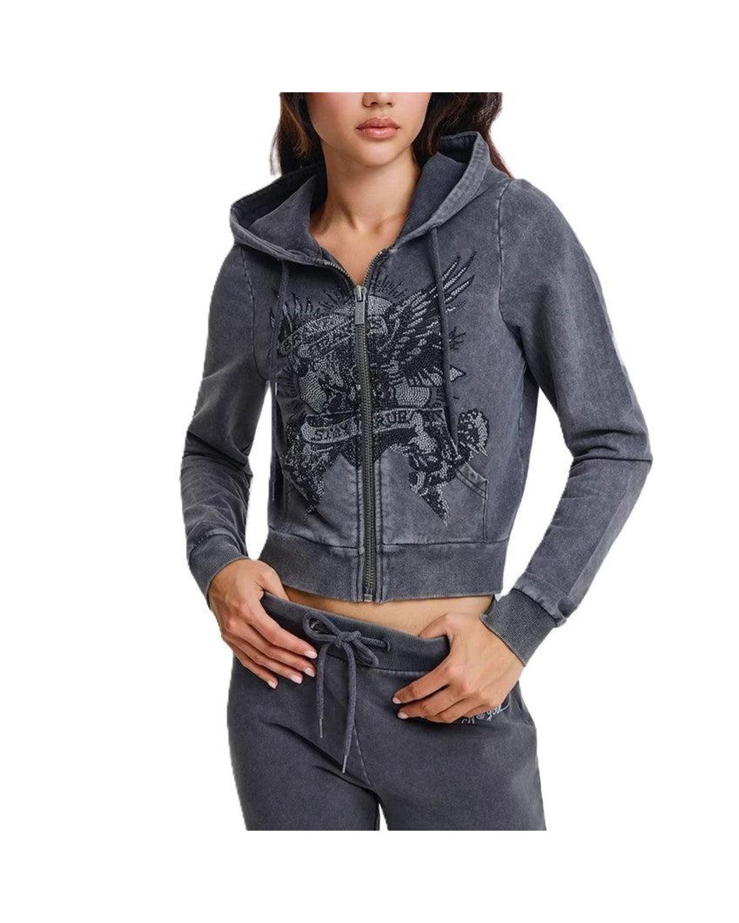 Ed Hardy Black Stay True Fitted Cropped Zip Hoodie