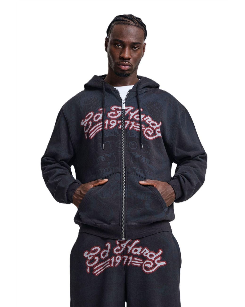 Ed Hardy Blue Shadow Eagle Graphic Relaxed Zip Thru Hoodie for men
