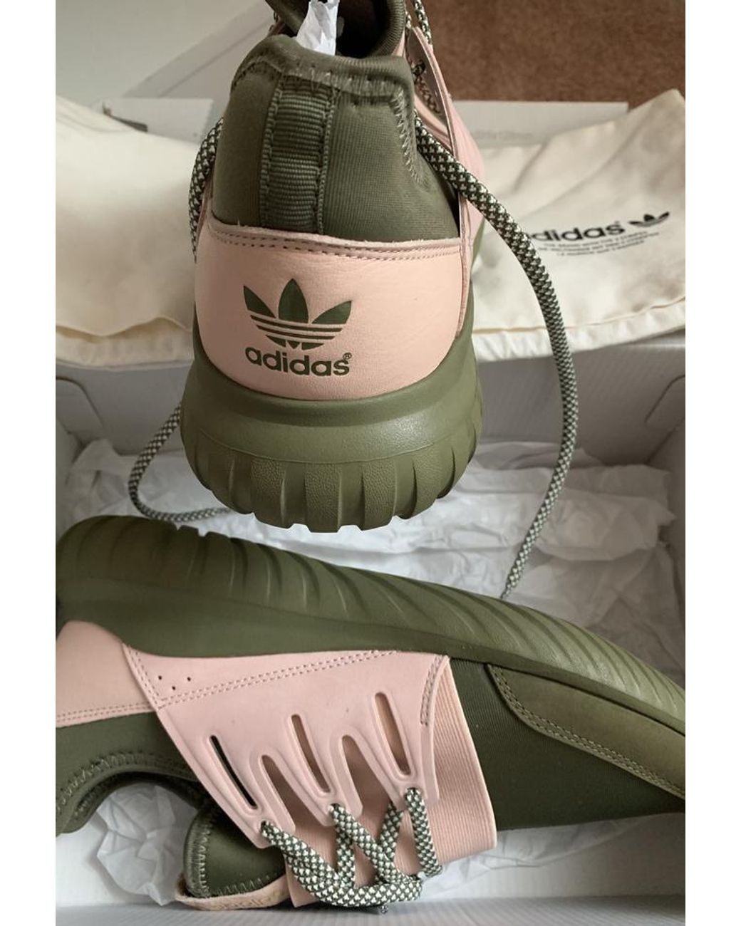 olive green and pink tubular adidas