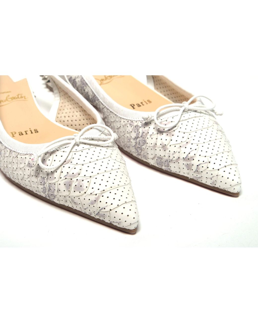 Christian Louboutin Women's White Perforated Printed Flat Point Toe Shoe - Ballerinas