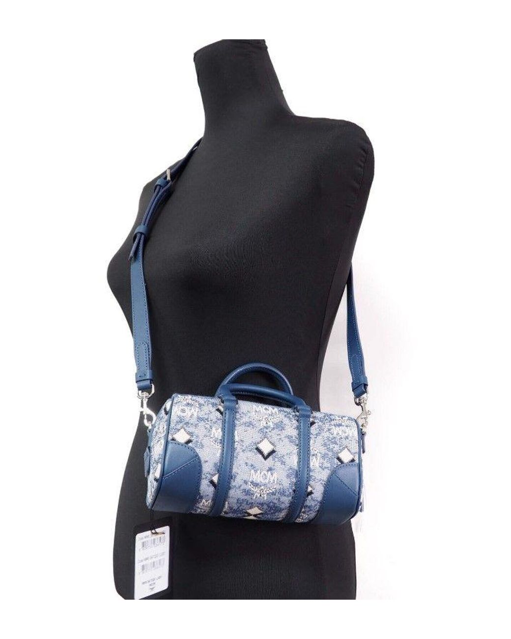 MCM Portuna Large Crescent Blue Vintage Denim Fabric Hobo Bag Shoulder Purse