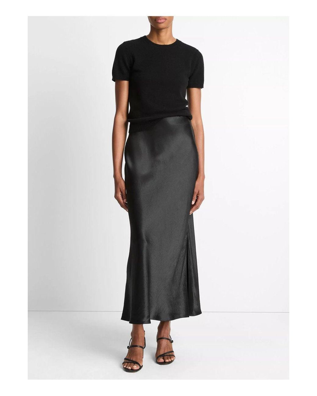 Vince Black Satin Side Slit Slip Skirt