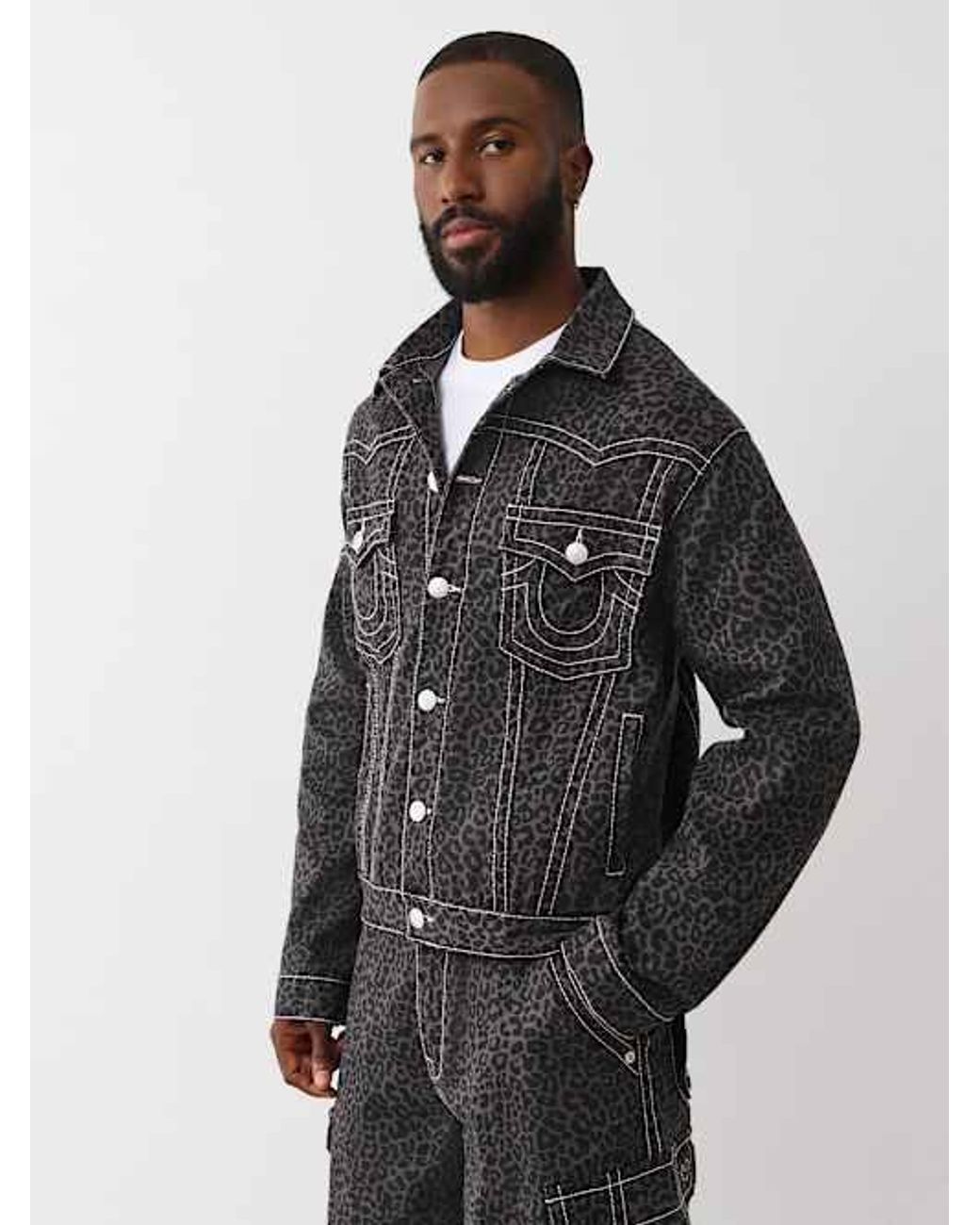 TRUE RELIGION Jimmy Oversized Leopard Big T Denim Jacket in Black
