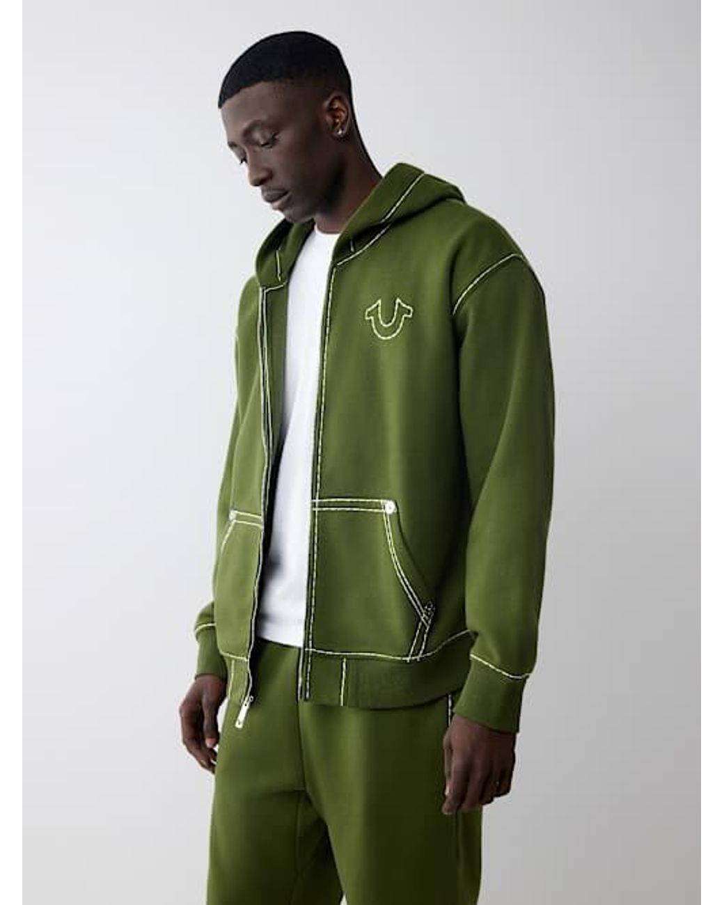 TRUE RELIGION Super T Embroidered Buddha Logo Zip Hoodie in Green