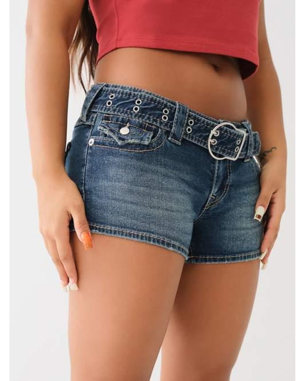 True Religion Joey Belted Big T Short in Blue Lyst