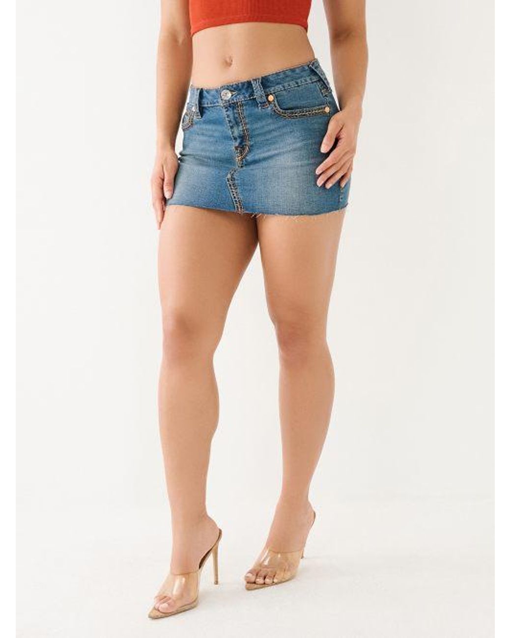 TRUE RELIGION Sadie Denim Saddle Stitch Mini Skirt in Blue TRUE RELIGION Sadie Denim Saddle Stitch Mini Skirt in Blue