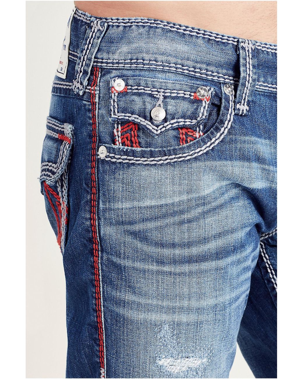 True Religion Straight Flap Red Mega T Stitch Jean in Blue for Men | Lyst