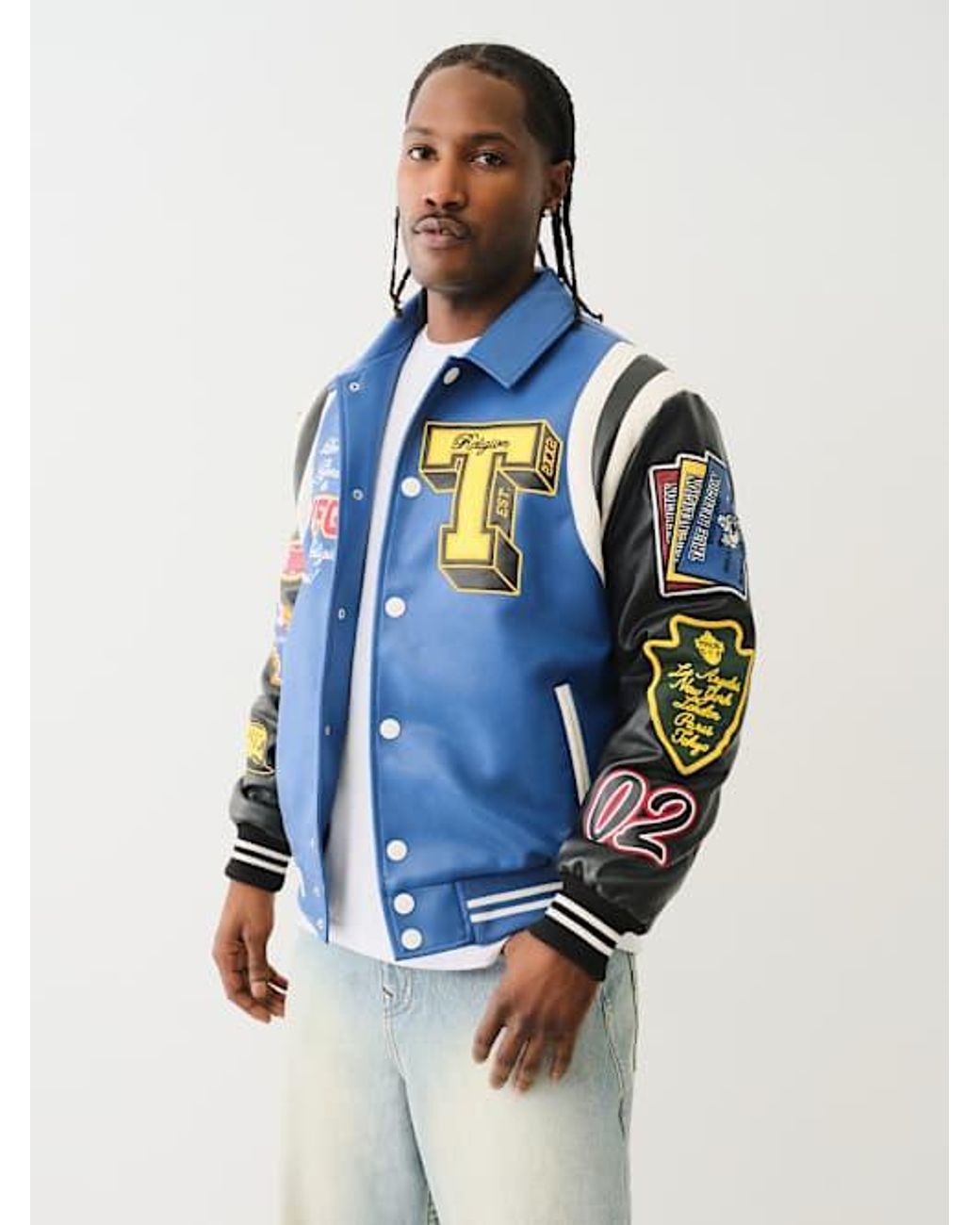 TRUE RELIGION Faux Leather Patch Embroidery Varsity Jacket in Blue