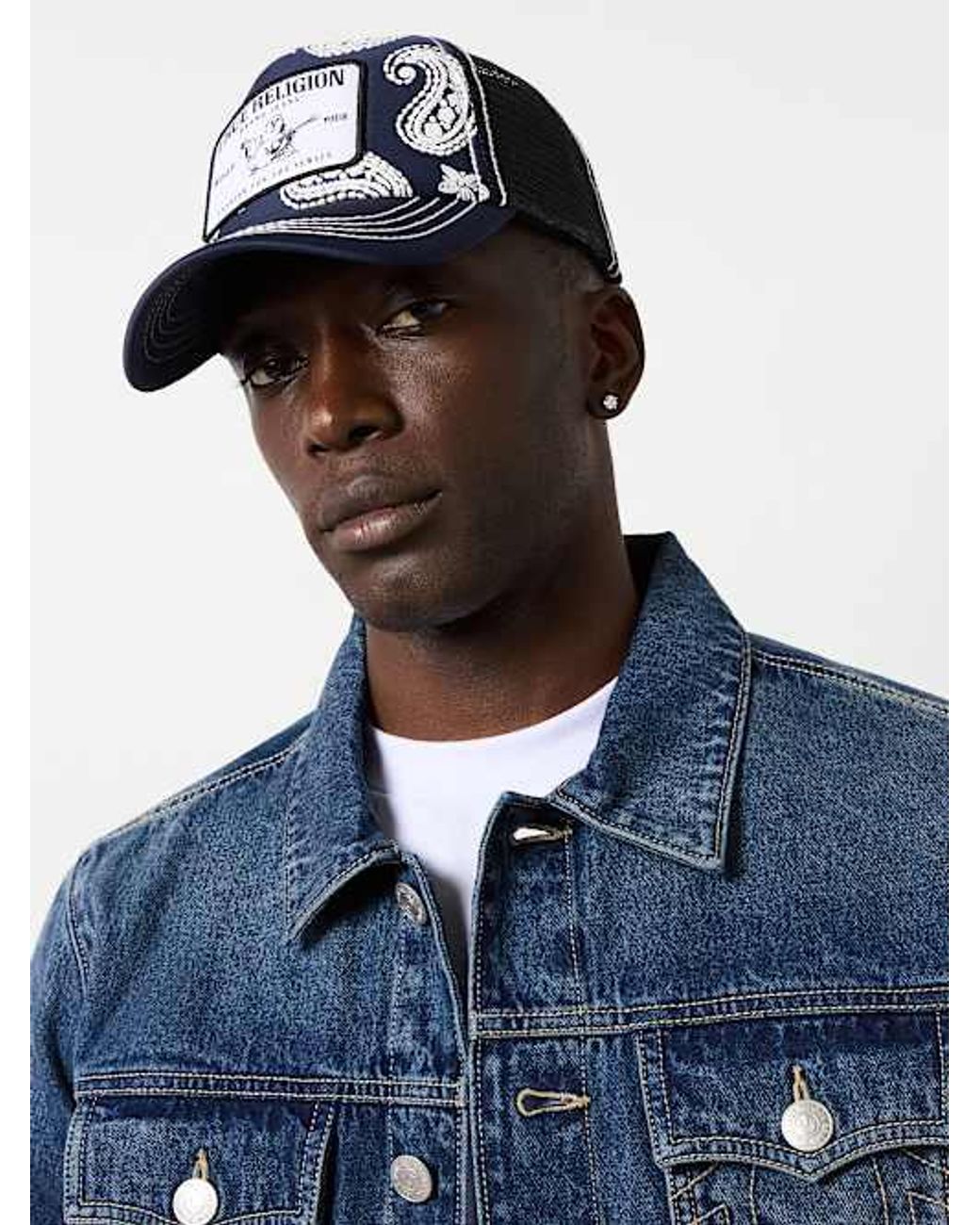 True Religion Paisley Logo Patch Trucker Hat in Blue | Lyst