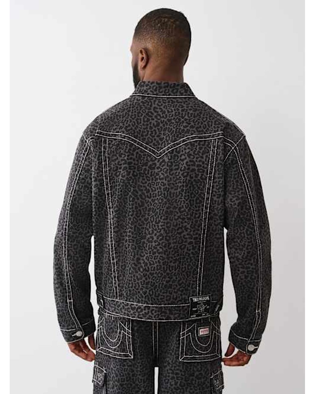 TRUE RELIGION Jimmy Oversized Leopard Big T Denim Jacket in Black