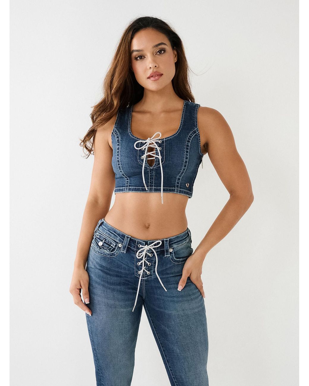 True Religion Crystal Lace Up Denim Bra Top in Blue