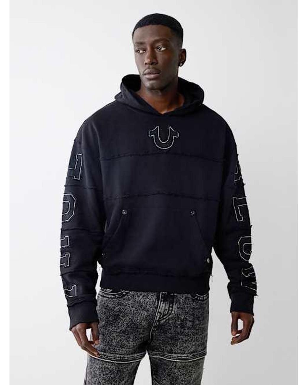ウェア fcrb LOGO APPLIQUE PULLOVER HOODED TRUE RELIGION Stacked Frayed Logo Applique Hoodie in Blue for Men