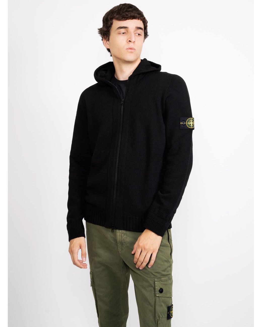 Stone Island Wool Black Hooded Cardigan 