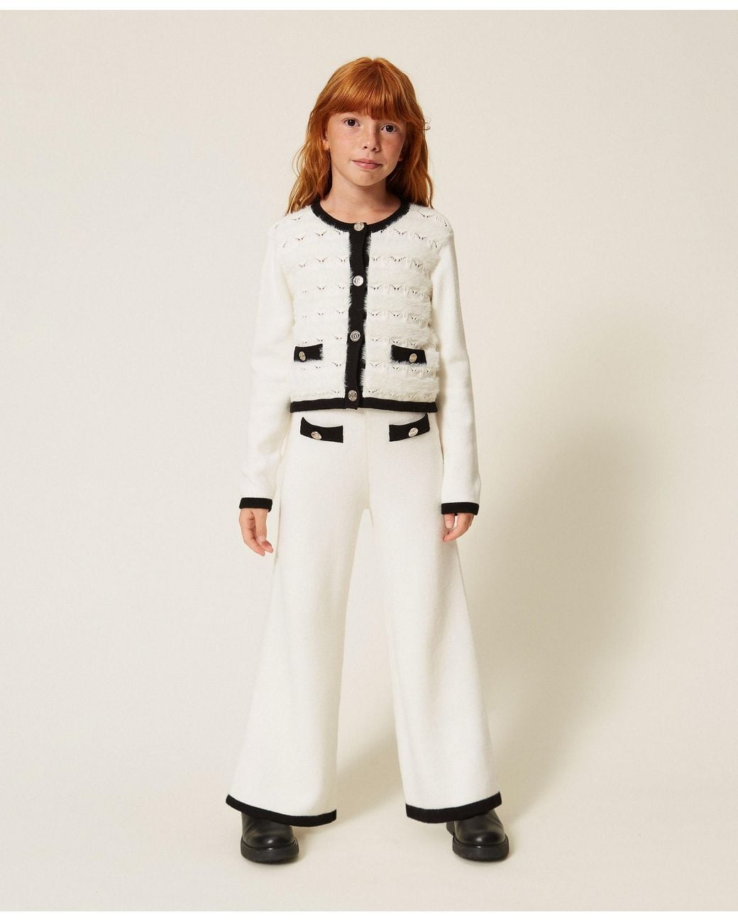 Twinset Natural Knit Trousers With Buttons And Piping, Bicolour "Snow"
