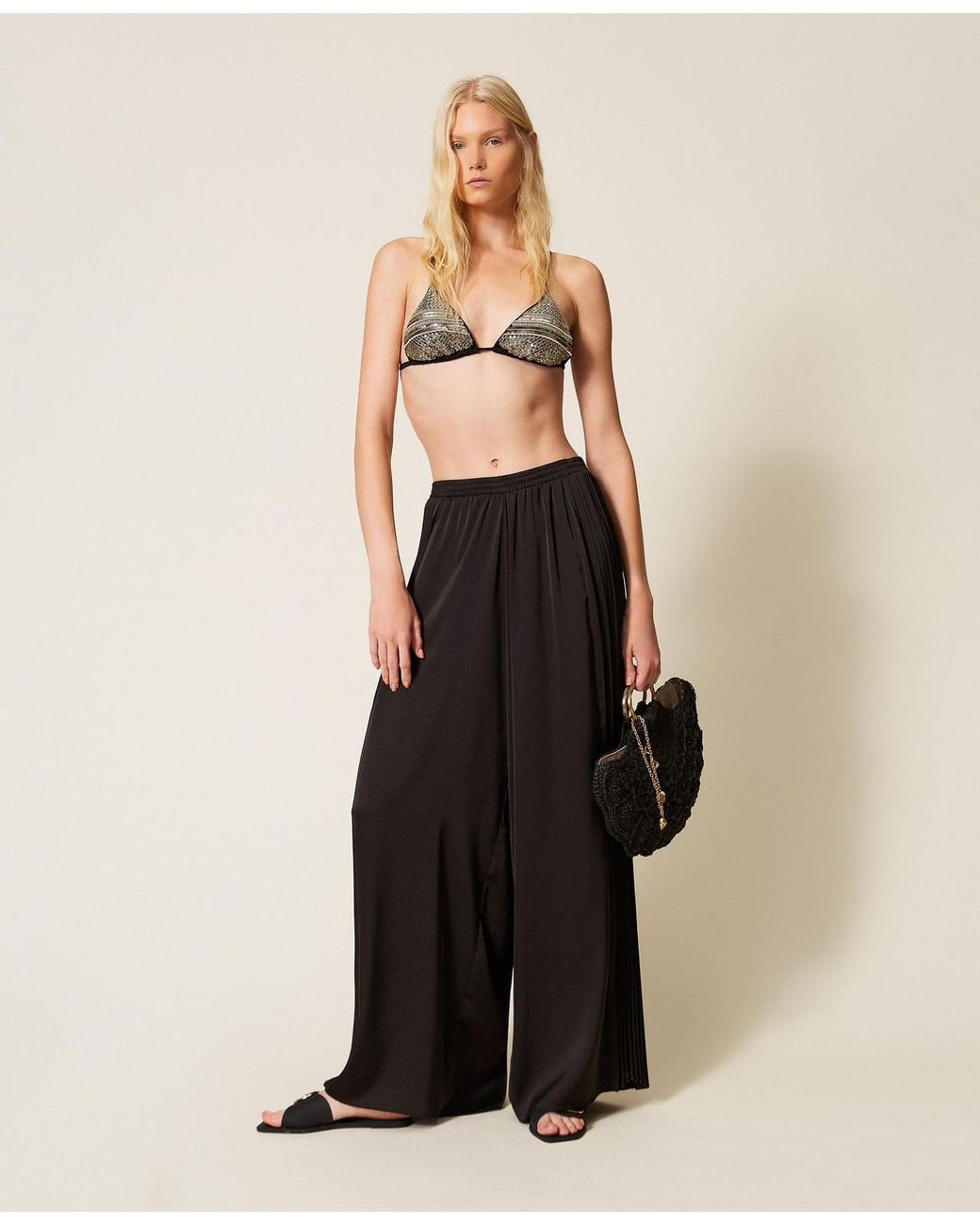 Twinset Black Wide Leg Trousers With Pleated Inserts