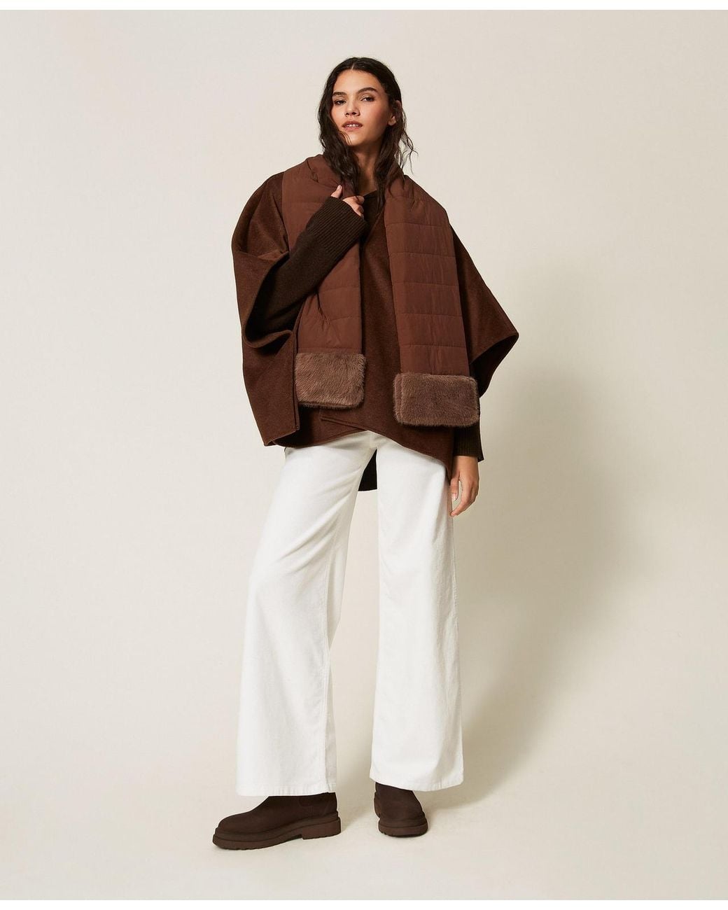 Twinset Natural Wool Cloth Poncho With Scarf