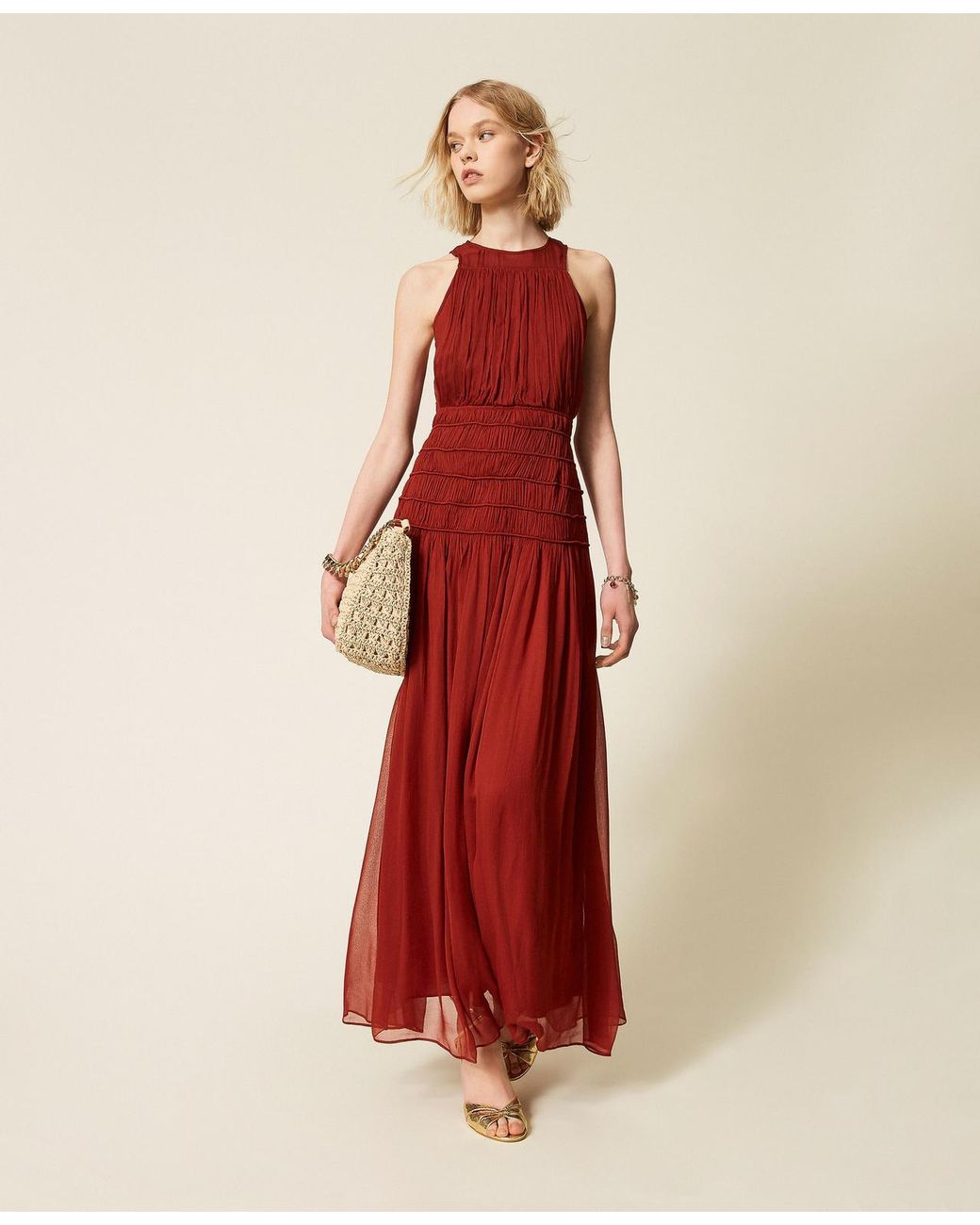 Twinset Red Long Crépon Sleeveless Dress