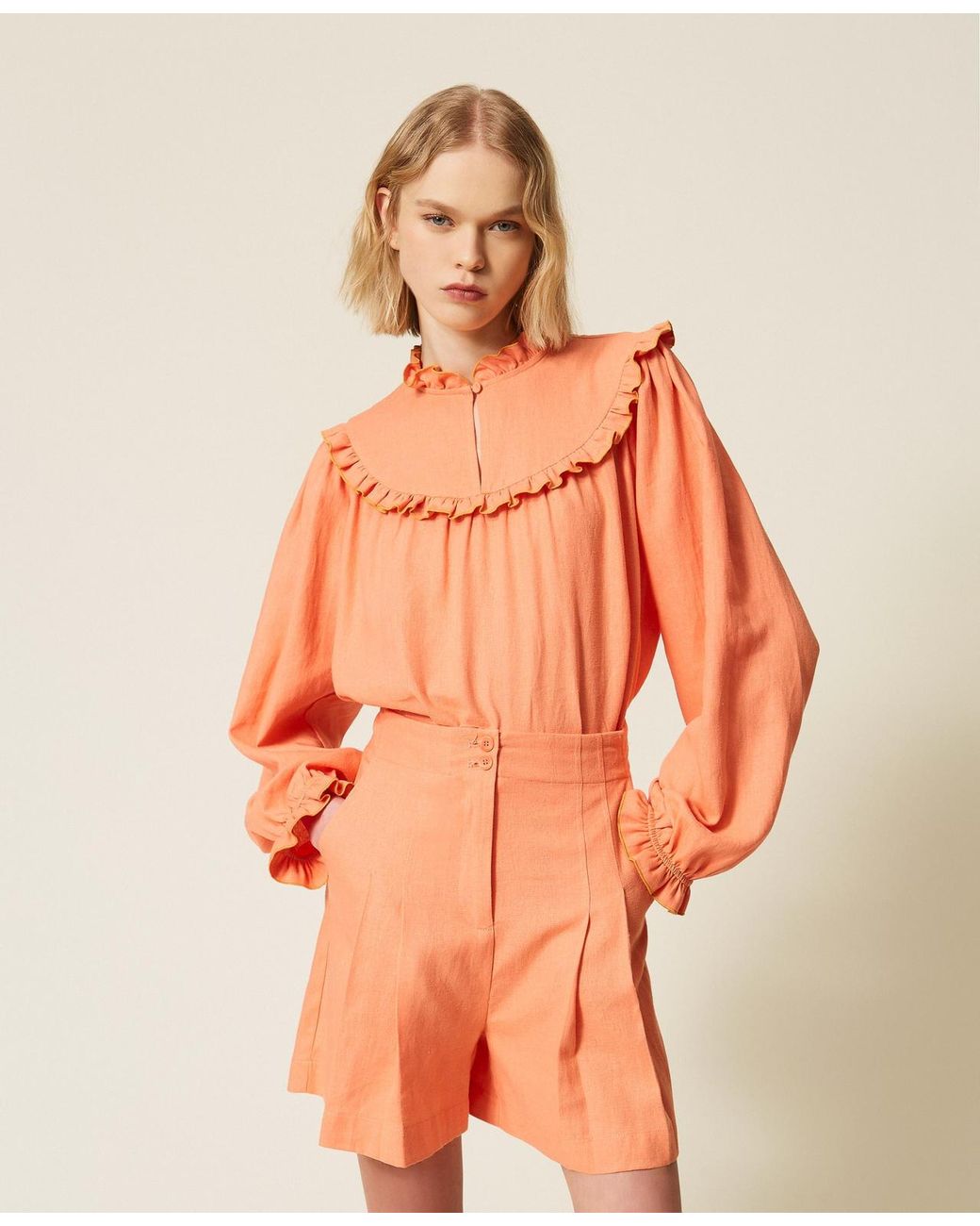 Twinset Orange Linen Blend Shorts With Pleats