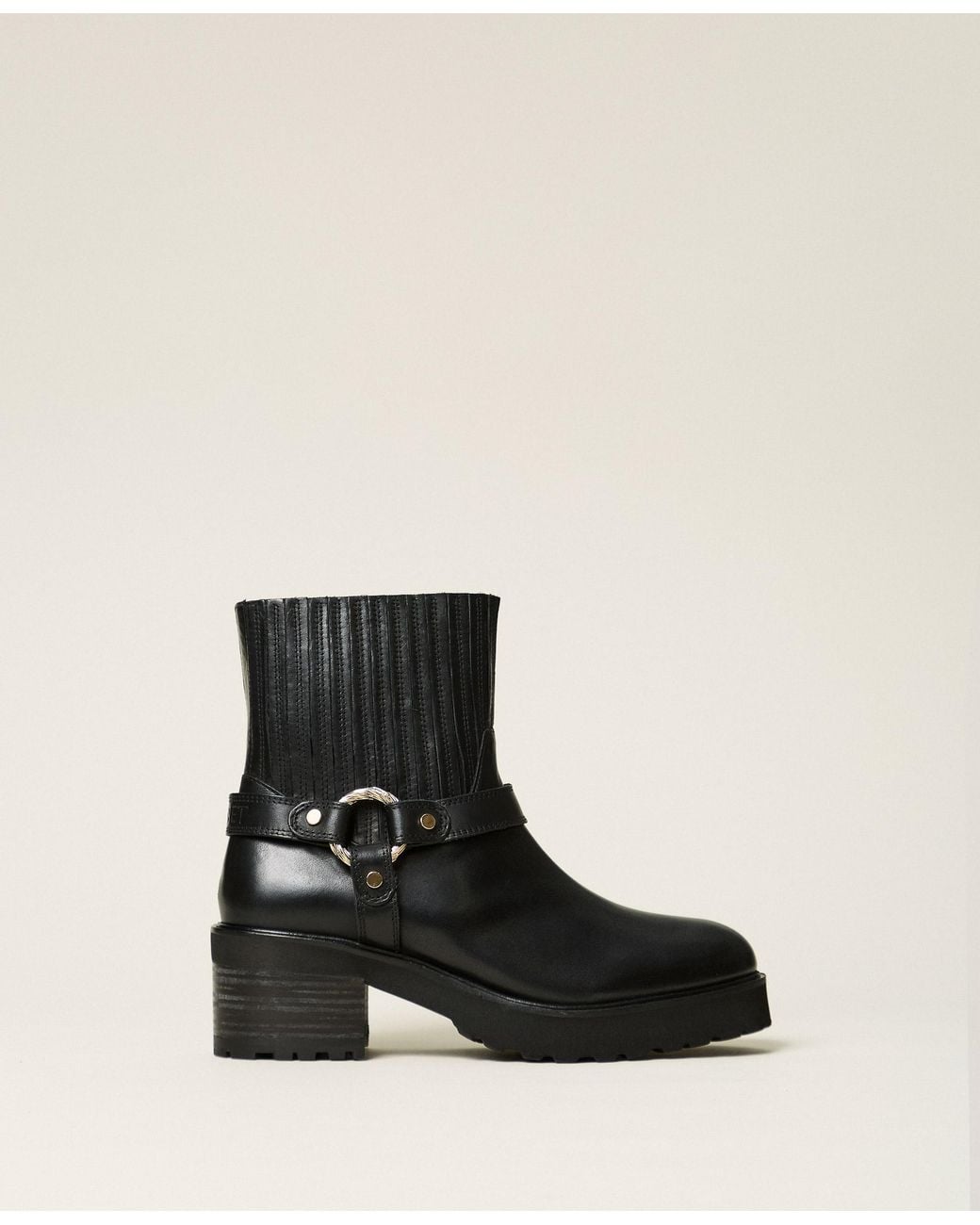 Twinset Black Leather Short Biker Boots With Ring