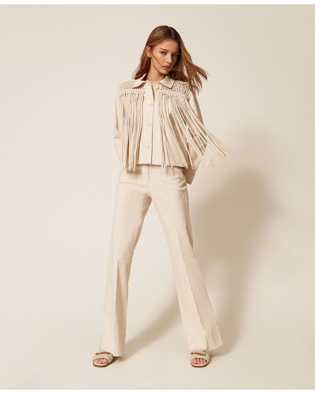Twinset Natural Bull Denim Jacket With Fringes