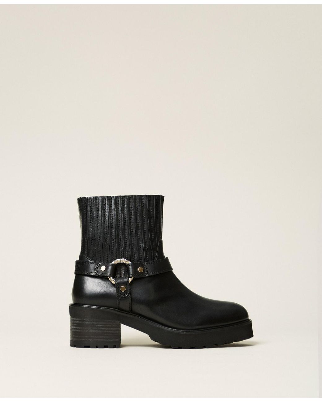 Twinset Black Leather Short Biker Boots With Ring