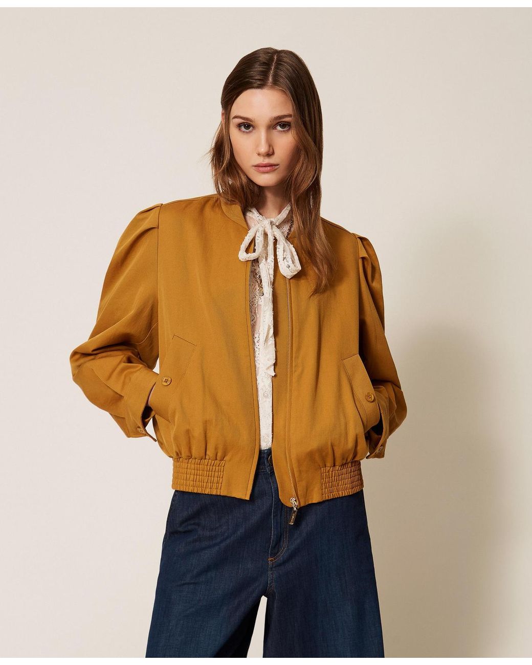Twinset Blue Gabardine Jacket With Gathering