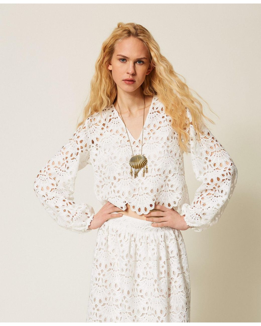 Twinset White Scalloped Macramé Blouse