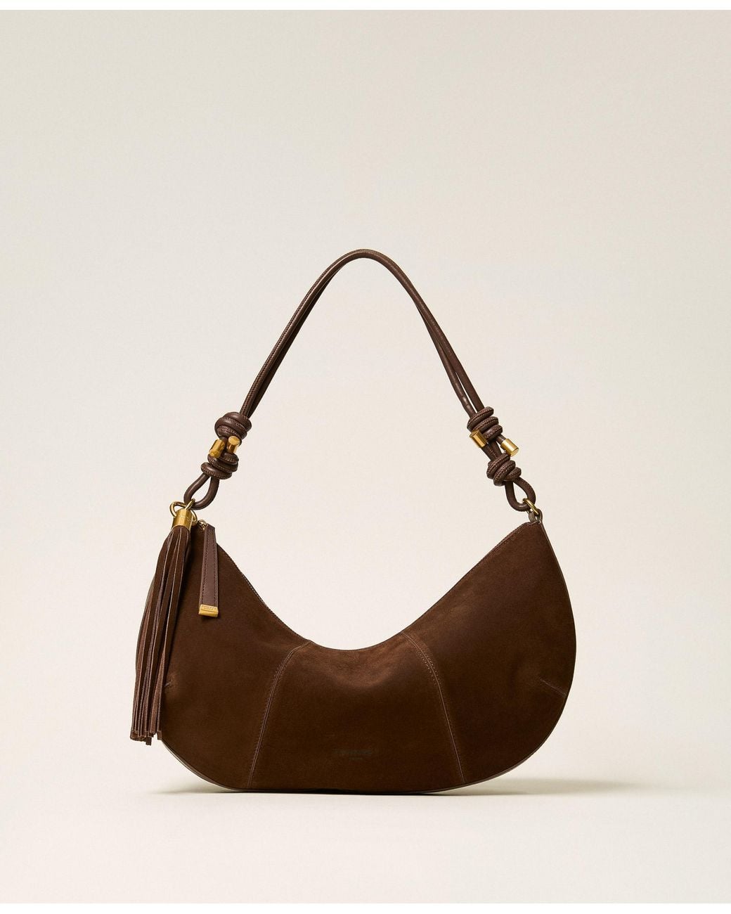 Twinset Natural Suede Hobo Bag With Tassel, "Dark Coffee"