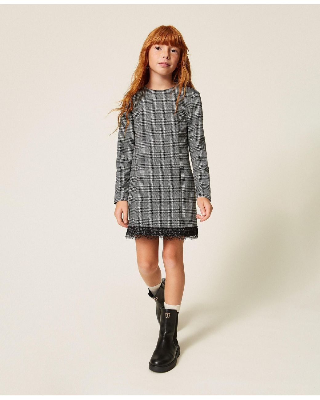 Twinset Gray Short Glen Plaid Dress With Lace, "Snow" Glen Plaid