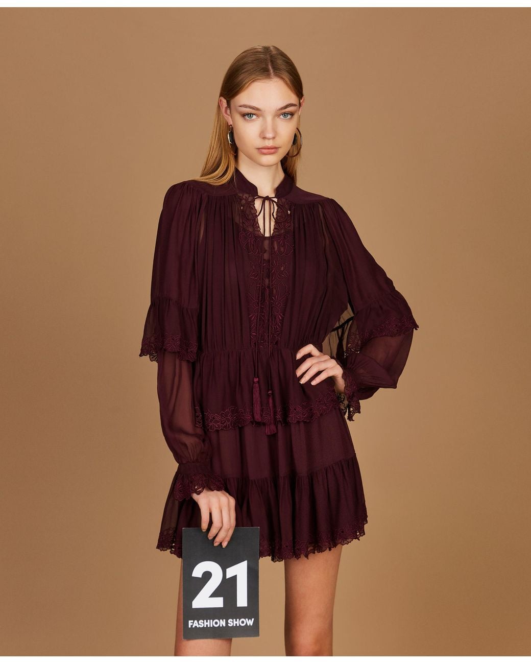 Twinset Brown Short Georgette Dress With Embroidery, "Wine Tasting"