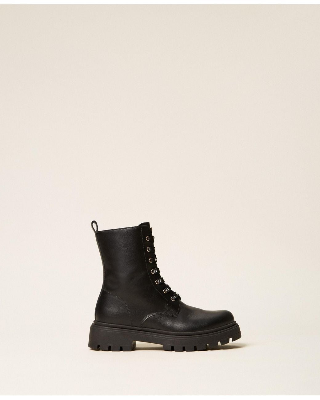 Twinset Natural Leather Combat Boots With Logo