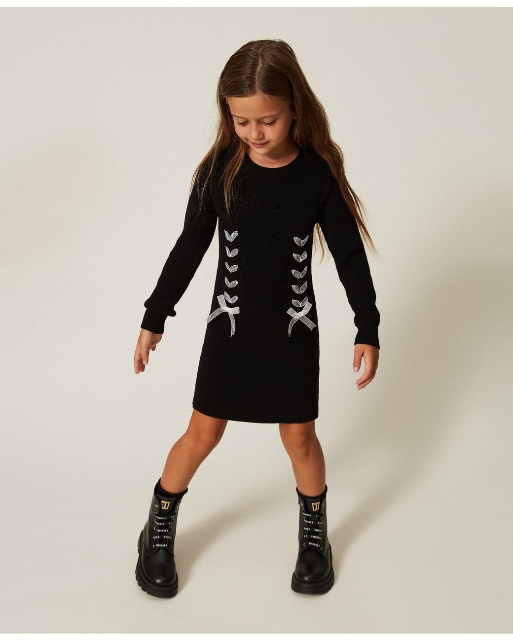 Twinset Black Baby's Short Knit Dress With Bows, Two-Tone/"Snow"