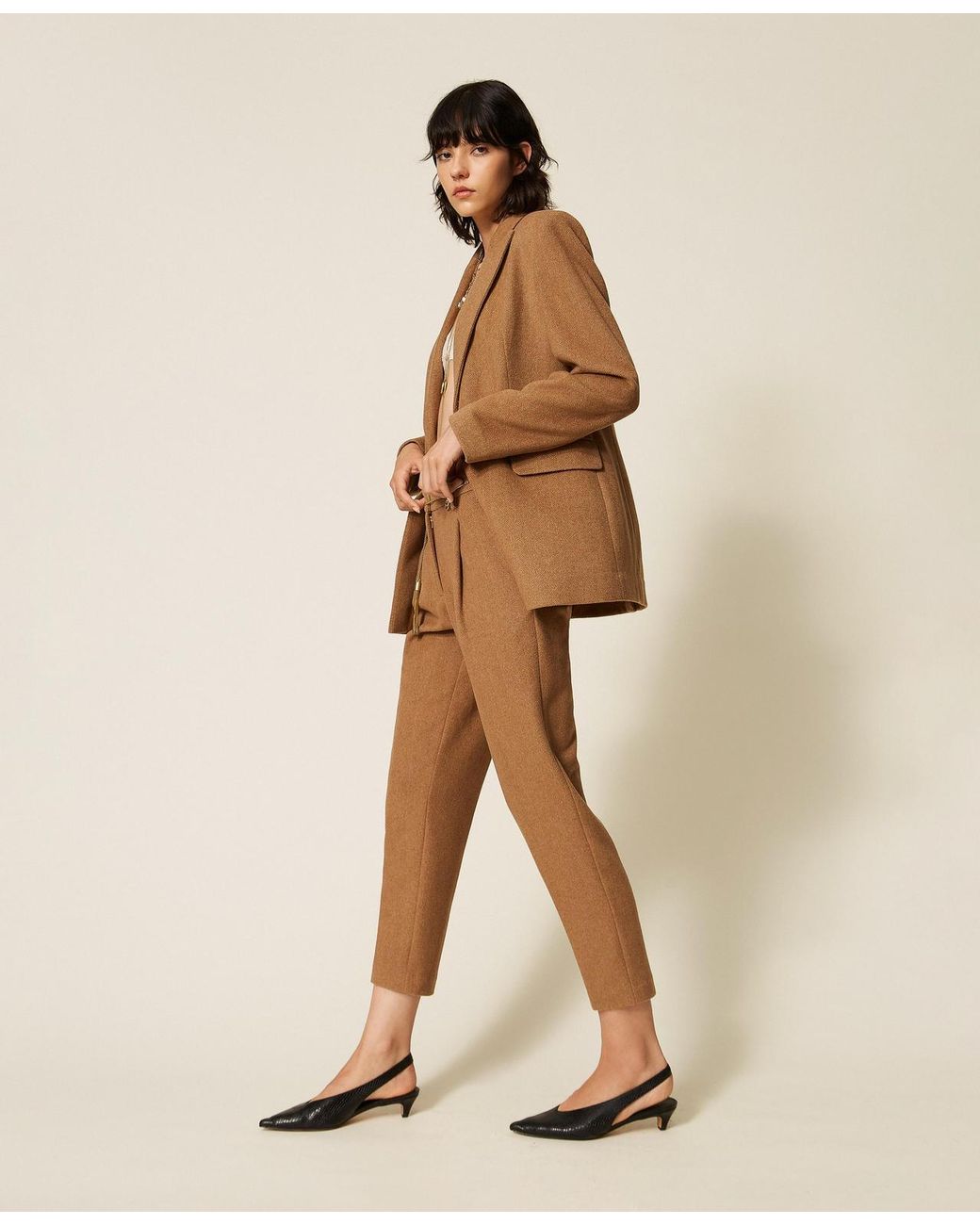 Twinset Natural Wool Blend Trousers With Chevron Pattern