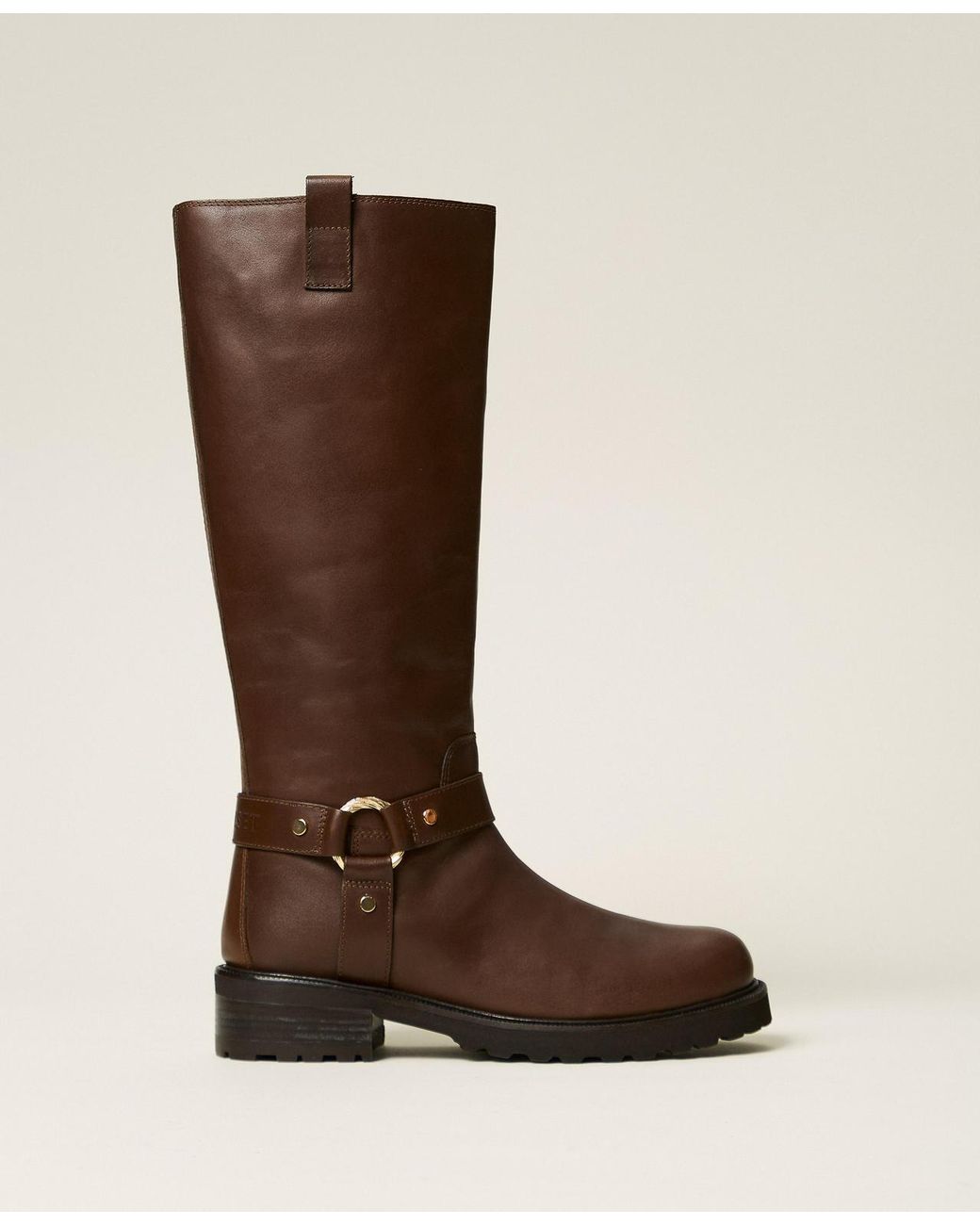 Twinset Brown Leather High Biker Boots With Ring