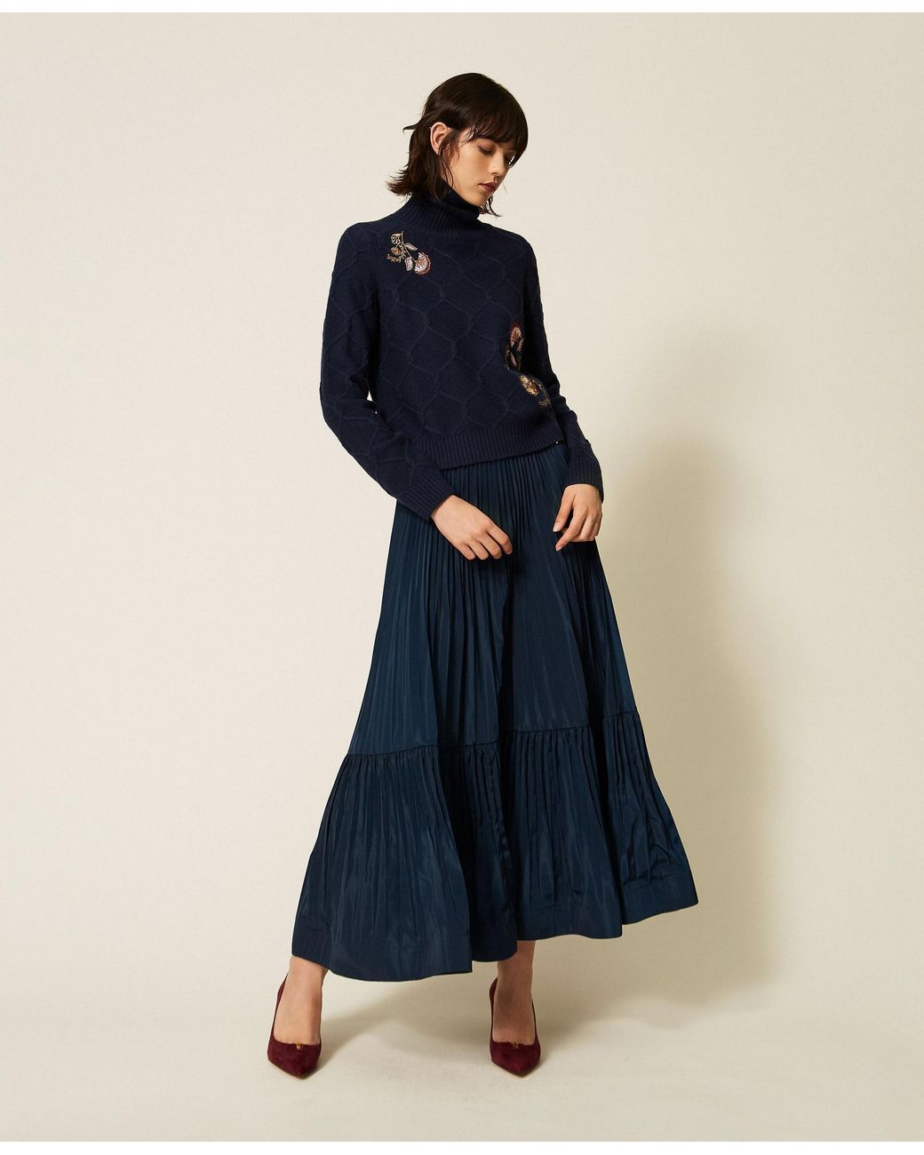 Twinset Blue Long Pleated Taffeta Skirt