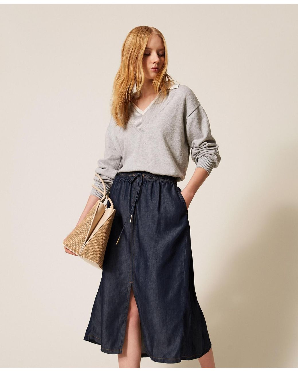 Twinset Blue Chambray Midi Skirt