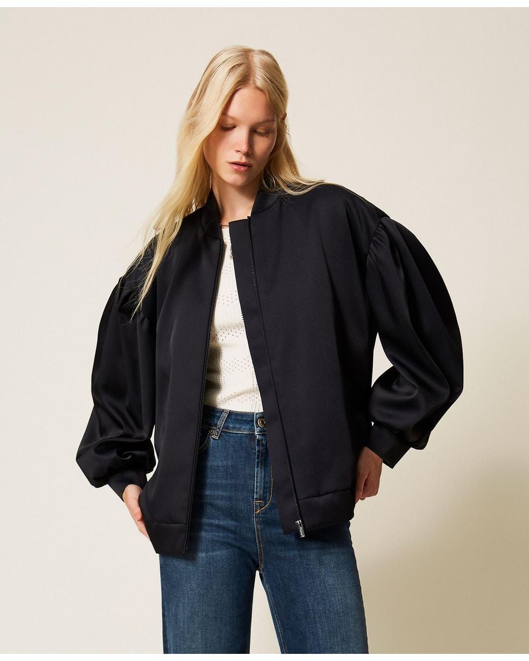 Twinset Blue Duchesse Bomber Jacket With Gathering