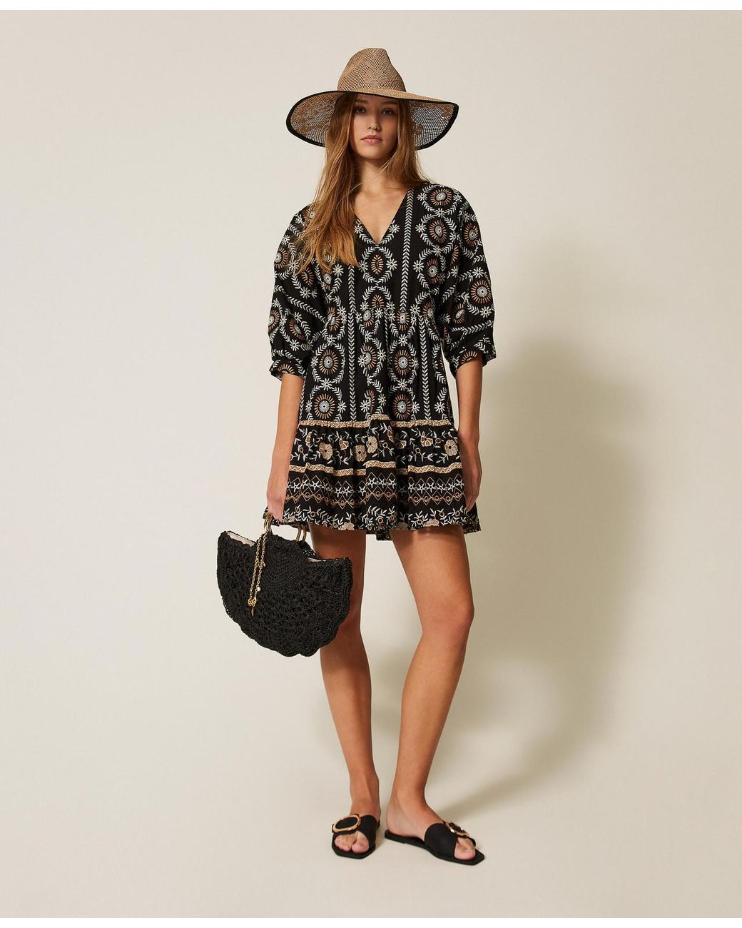 Twinset Natural Short Muslin Dress With Broderie Anglaise