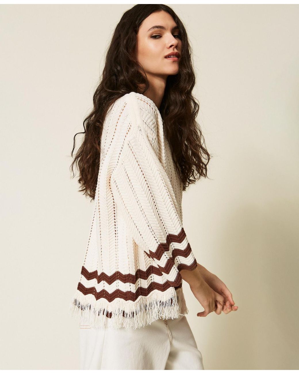 Twinset Natural Jumper With Zig-Zag Detail And Fringes