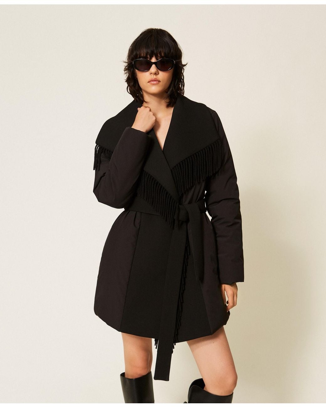 Twinset Black Padded Jacket With Fringes
