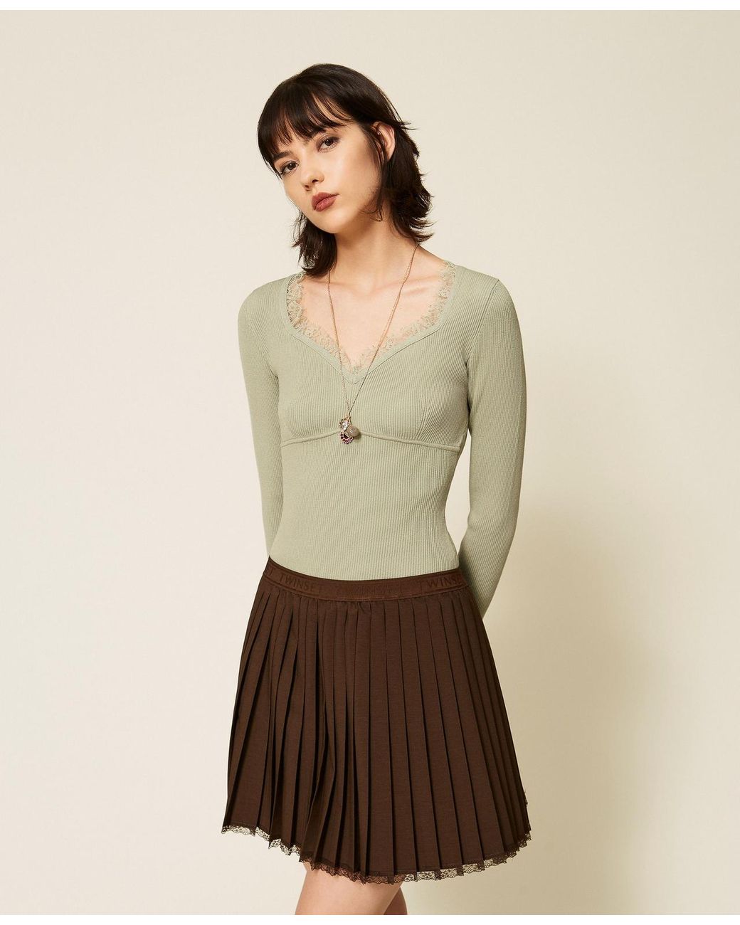 Twinset Natural Fitted Jumper With Lace