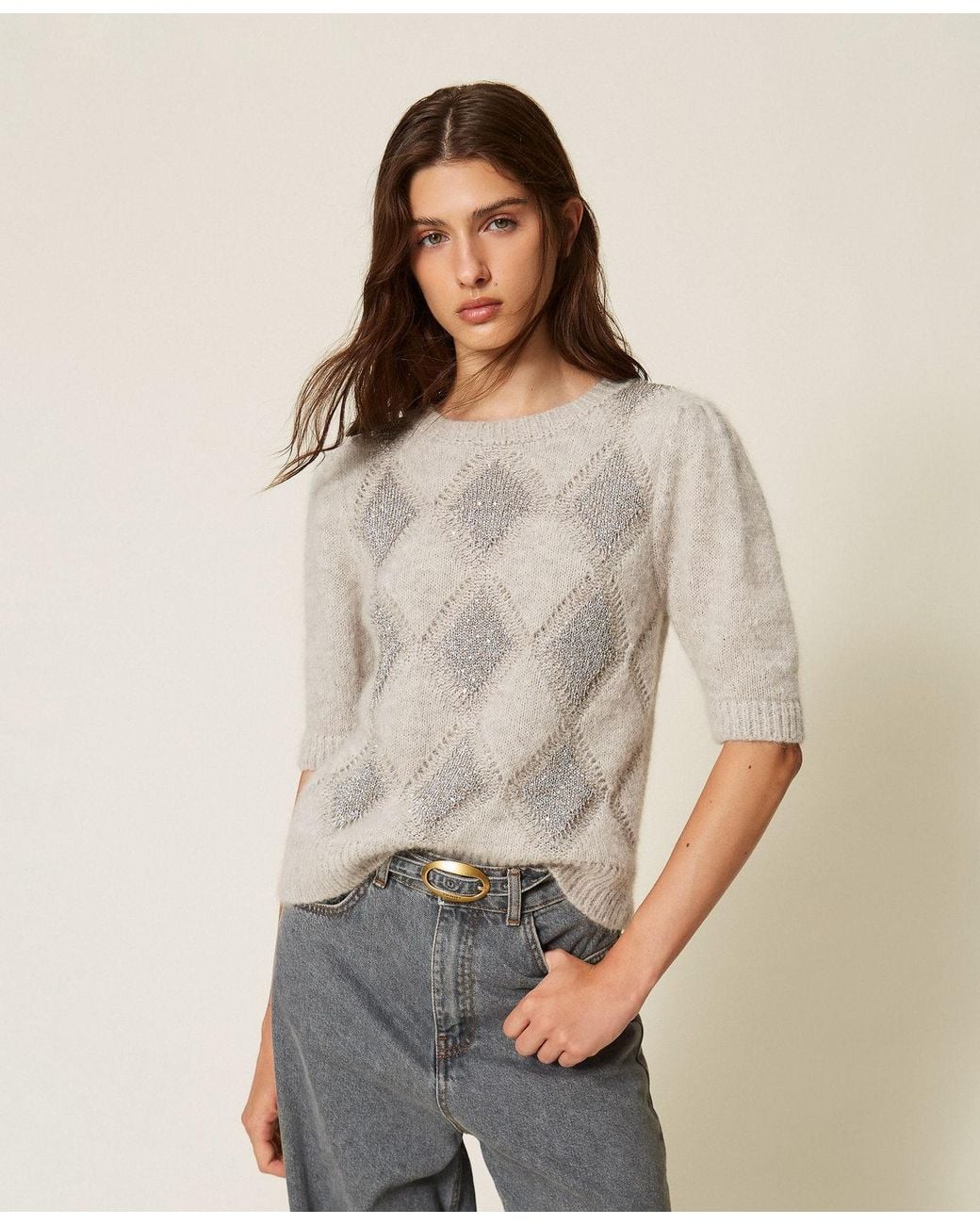 Twinset Gray Jacquard Diamond Jumper With Sequins