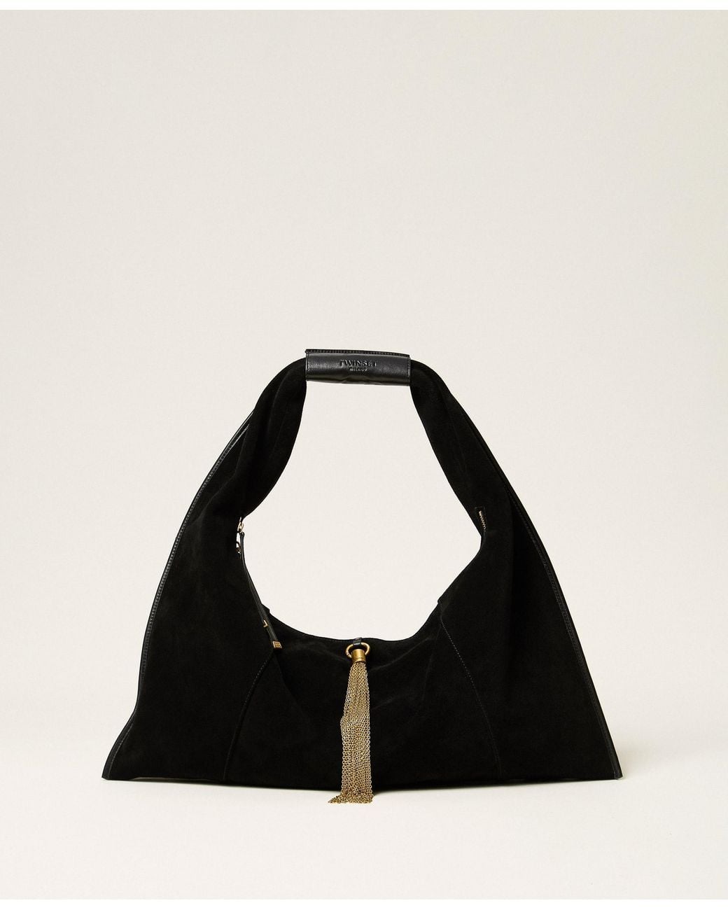 Twinset Black Suede Trapezoid-Shape Hobo Bag With Tassel