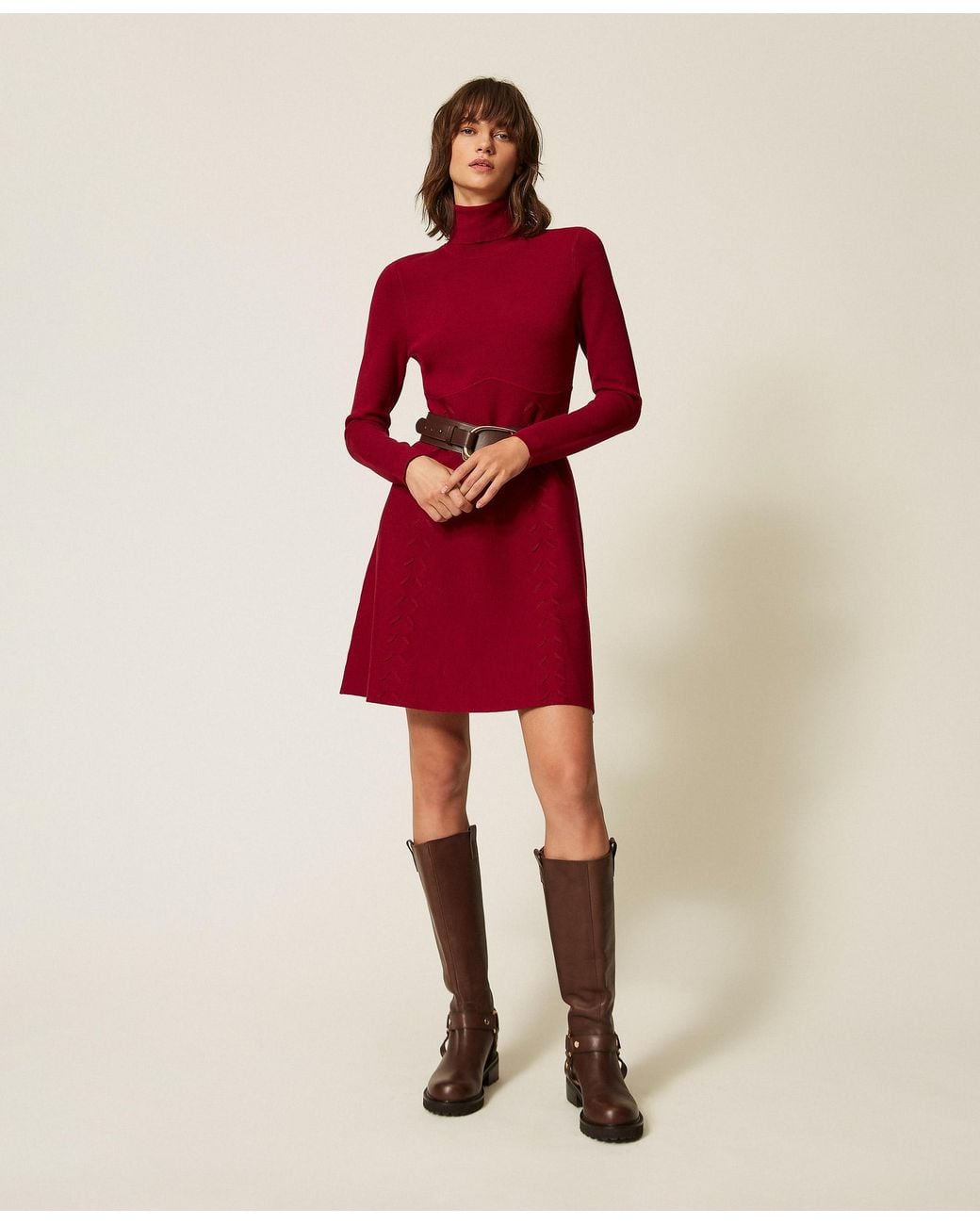 Twinset Red Short Knit Dress With Turtleneck, "Rhubarb"