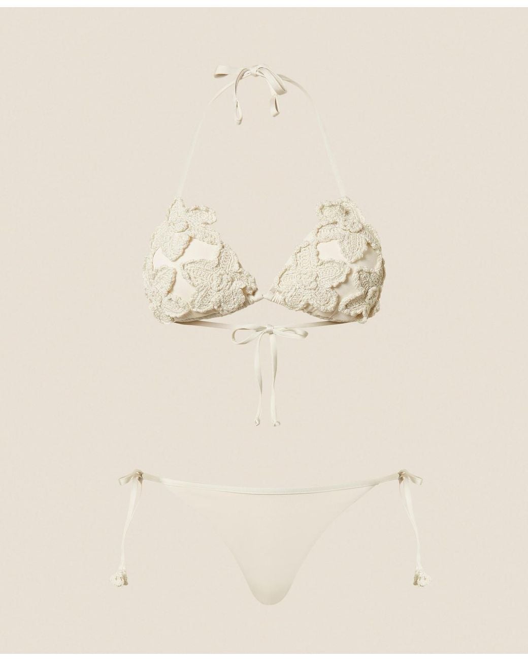 Twinset Natural Crochet Triangle Bikini Top And Thong
