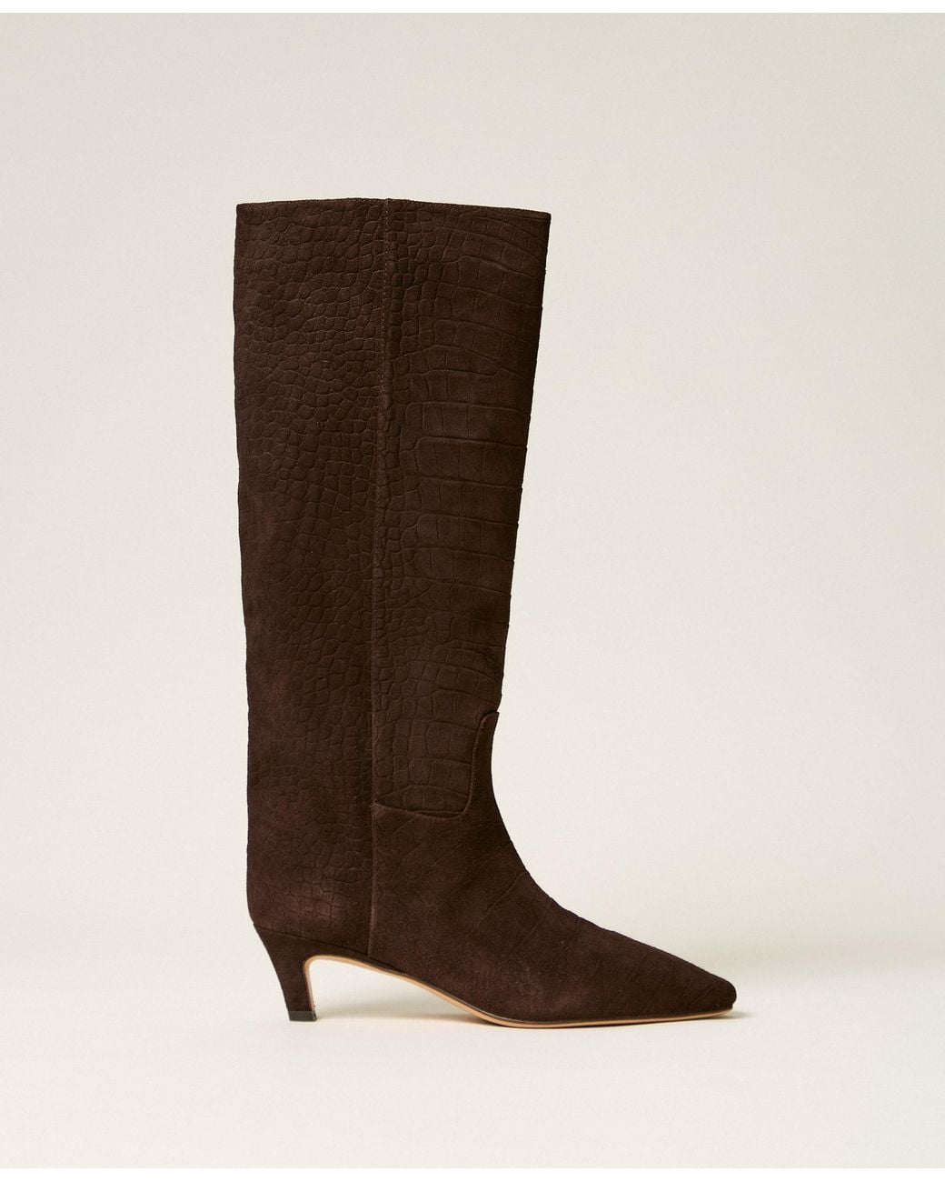 Twinset Brown Crocodile Print Suede High Boots